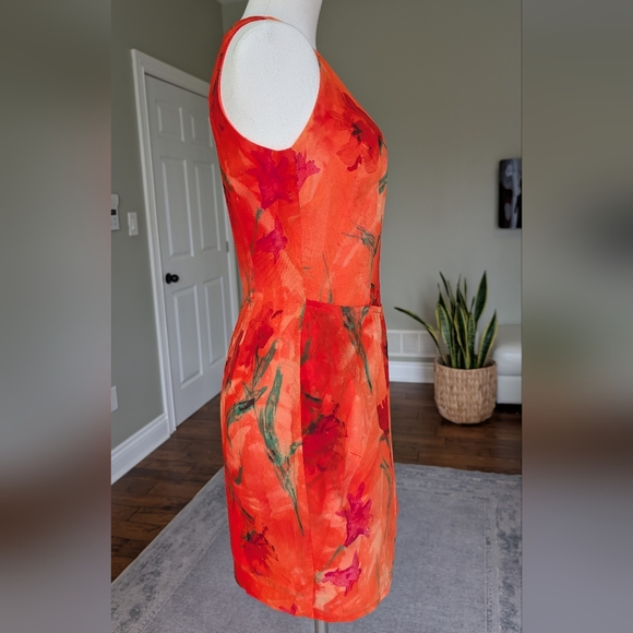 Vintage Joseph Ribkoff Floral Sheath Dress Orange Red Watercolor Print Size 8 - Picture 2 of 16